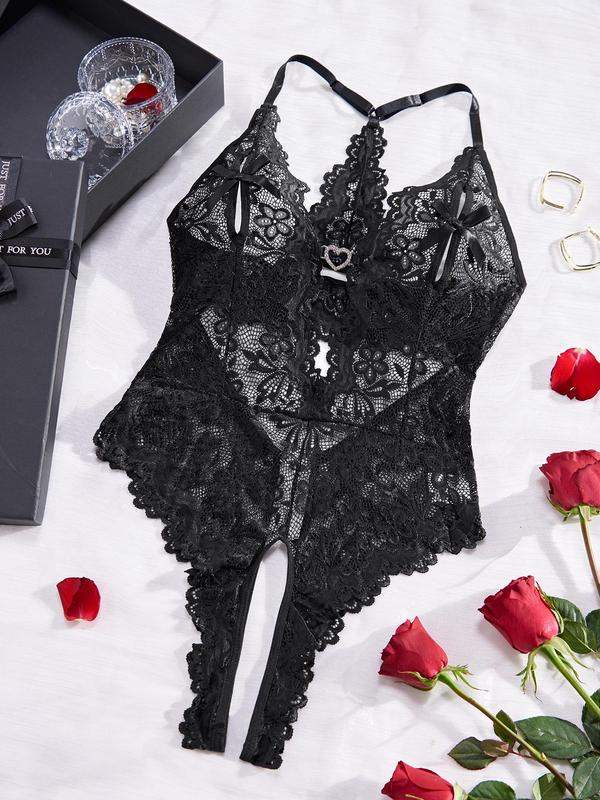 Women's Heart Decor Contrast Lace Cami Bodysuit, Sexy Scallop Trim Backless Lingerie for Women, Fashion Comfy Women's Underwear for All Seasons